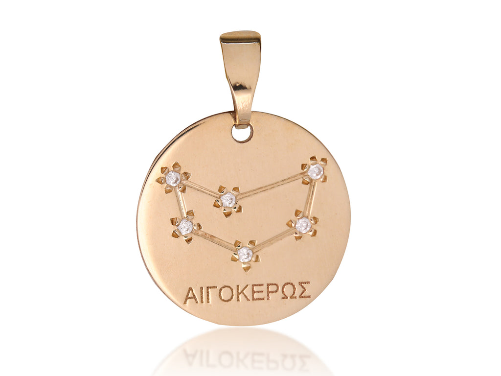 Μενταγιόν Ζώδιο Αιγόκερως απο Κίτρινο Χρυσό Κ9 με Πέτρες Ζιργκόν